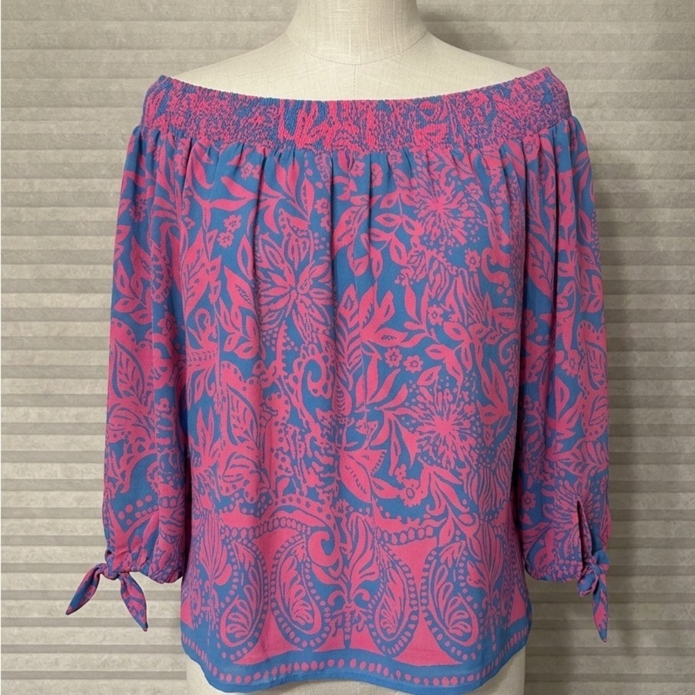 Lilly Pulitzer Pink and Teal Abstract Print off the shoulder blouse size small